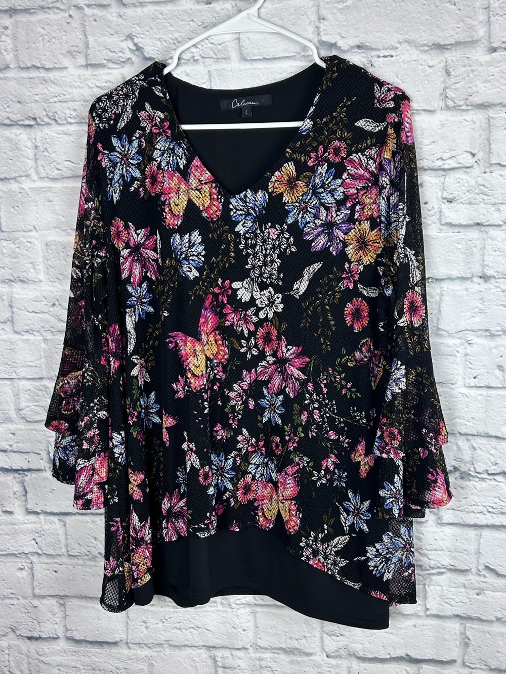 Calessa Floral Mesh Top Large Bell Sleeve Black Butterfly Layered Blouse